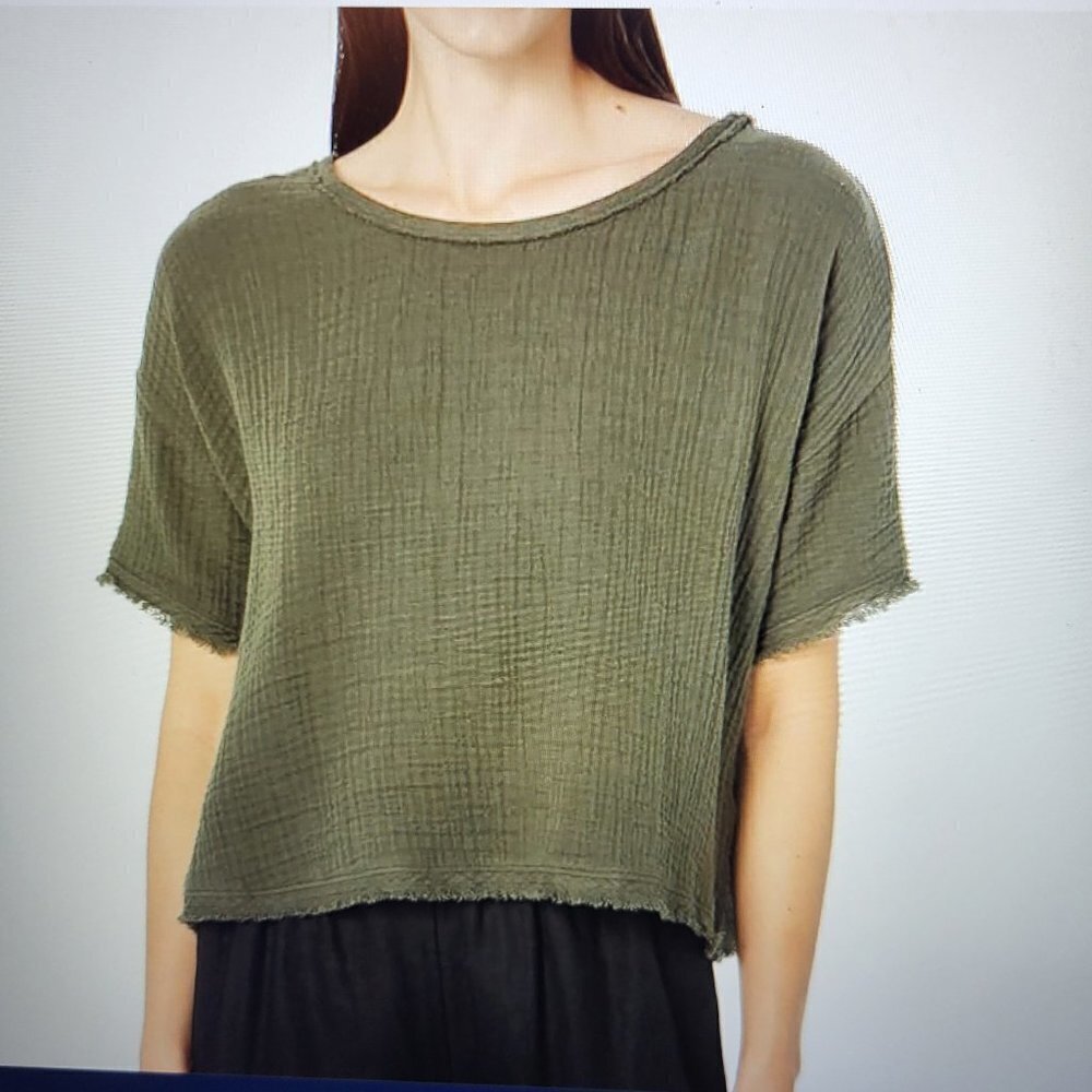 Eileen Fisher  Ballet Neck Boxy Top Olive Sz: Small Petite NWT